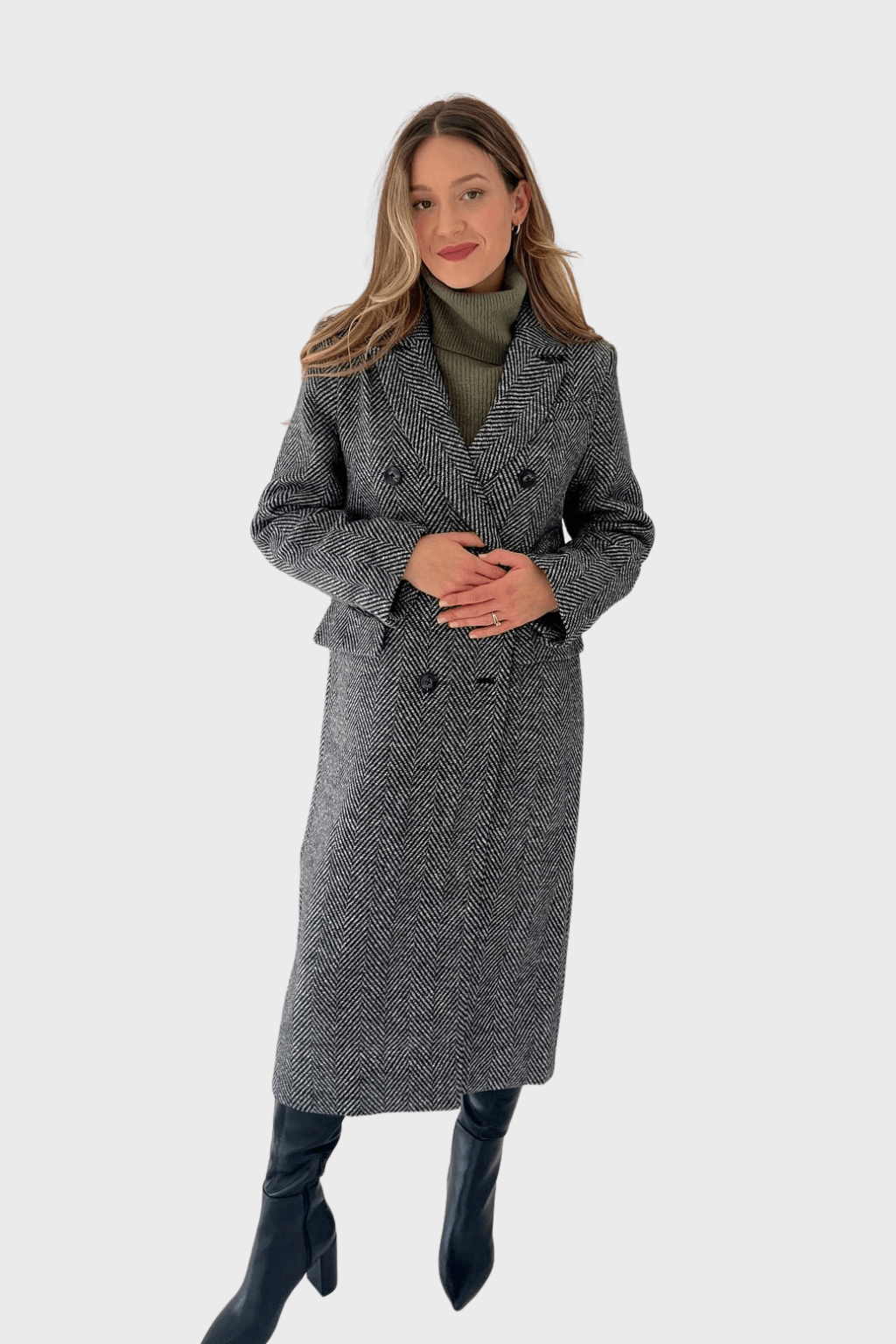 Premium Black and White Double-Breasted Wool Coat