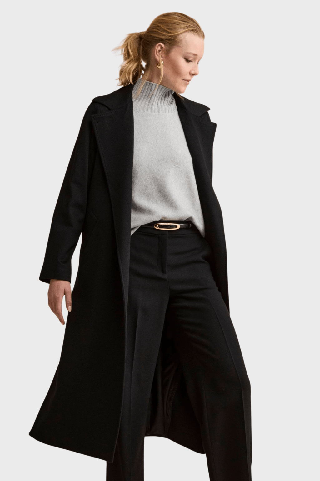 Long Wrap Belted Coat in Black Cashmere