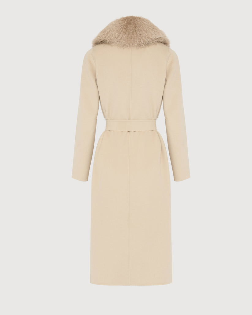 Havira Belted Beige coat in wool with fox fur collar and lapel