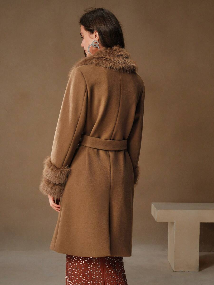 Havira's Long Wool Blend Coat with Faux Fur Collar and Belt