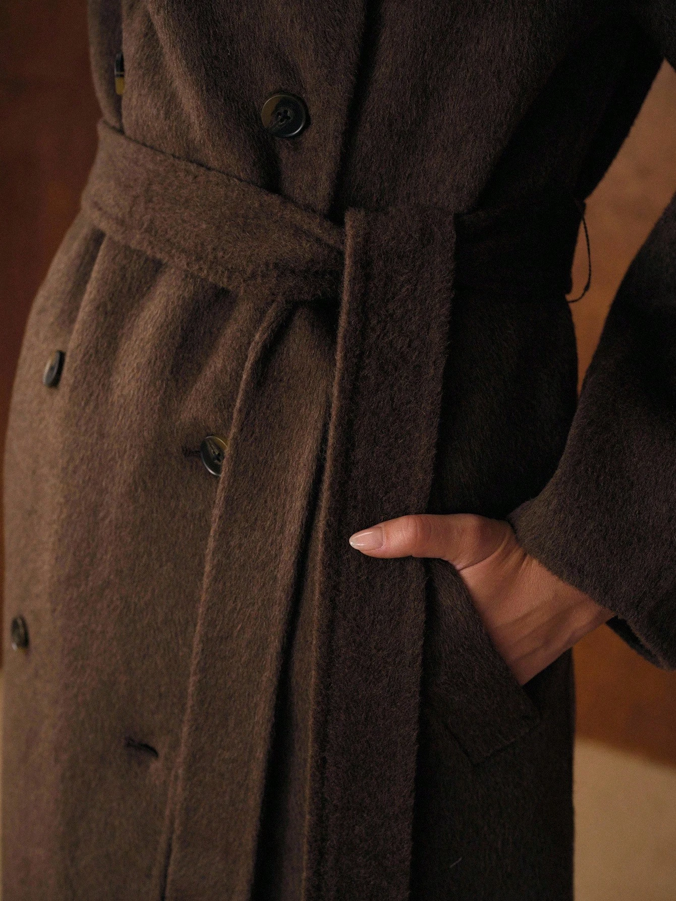 Havira Premium Double-breasted Long Wool Coat with Waterfall Collar