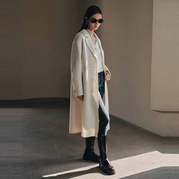 Women's White Straight Wool Coat