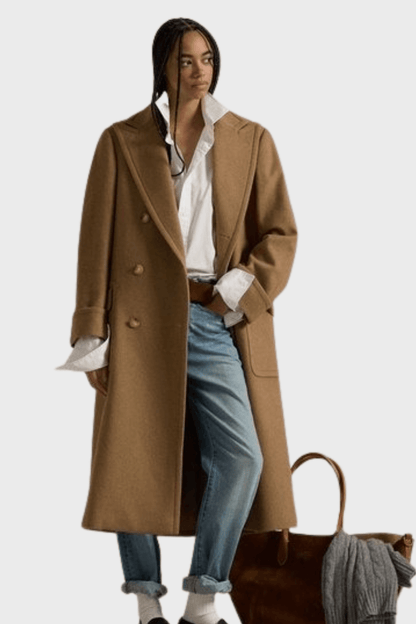Brown Wool Belted Double Breasted Long Coat