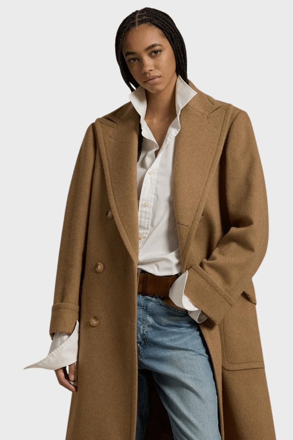 Brown Wool Belted Double Breasted Long Coat