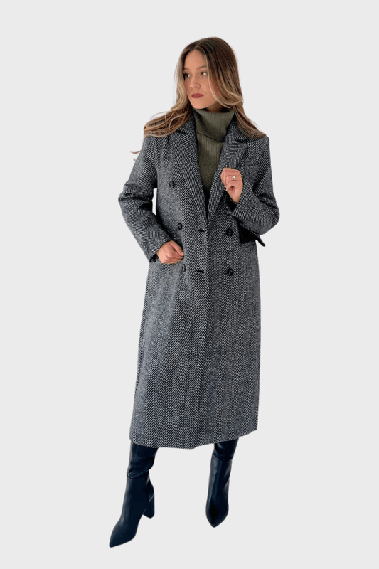 Black and White Double-Breasted Wool Coat