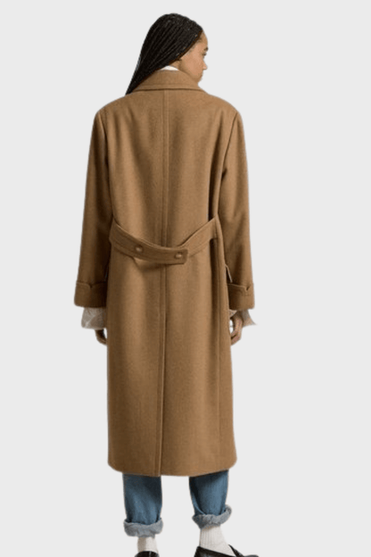 Brown Wool Belted Double Breasted Long Coat