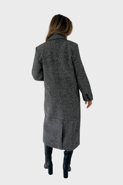 Black and White Double-Breasted Wool Coat