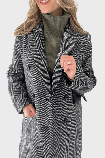 Black and White Double-Breasted Wool Coat