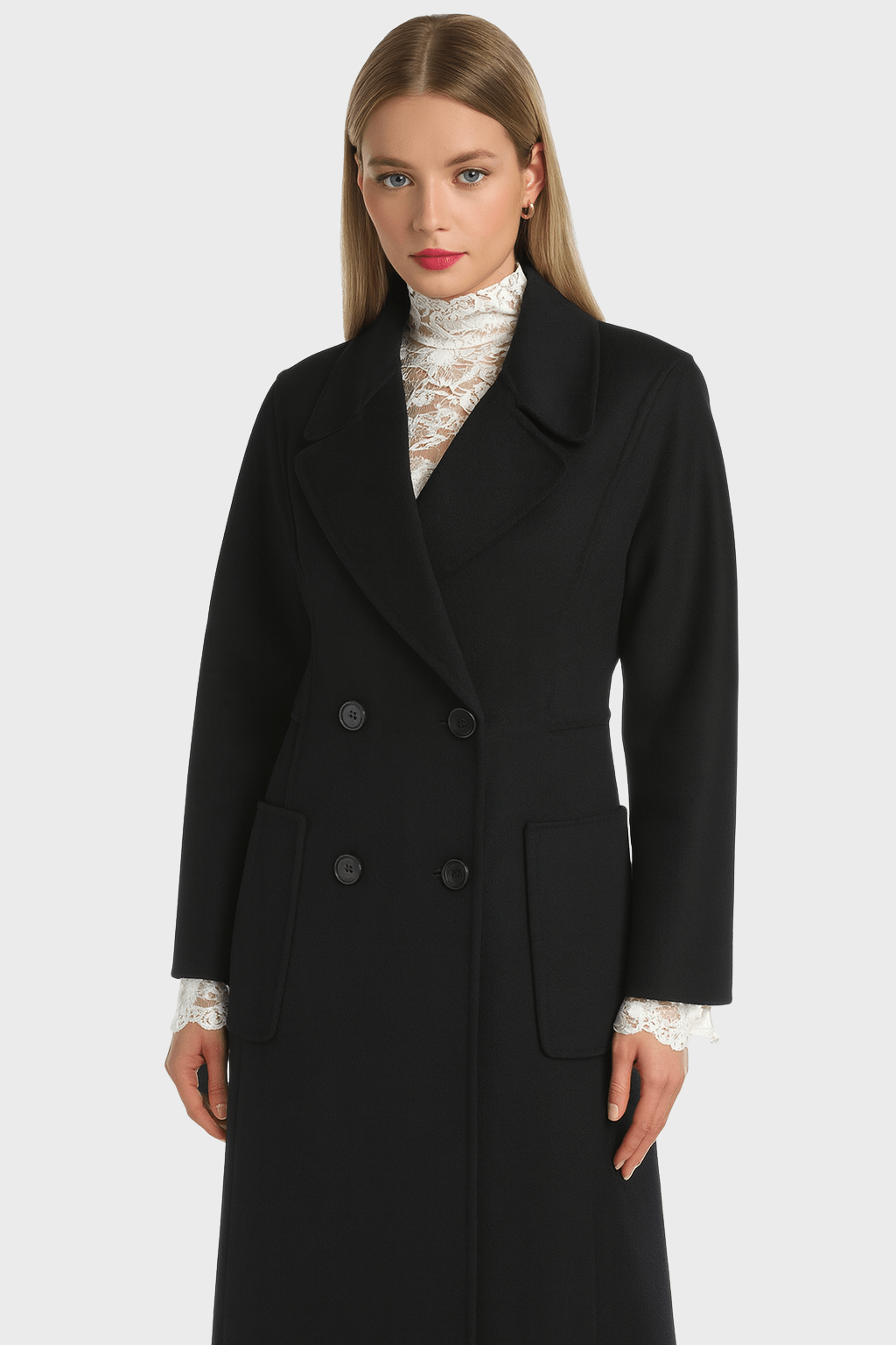 Elegant Black Double Breasted Wool Long Coat