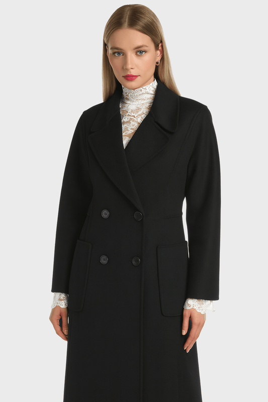 Elegant Black Double Breasted Wool Long Coat