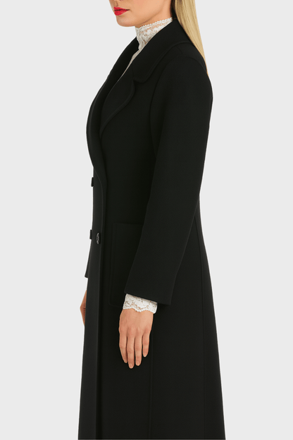 Elegant Black Double Breasted Wool Long Coat