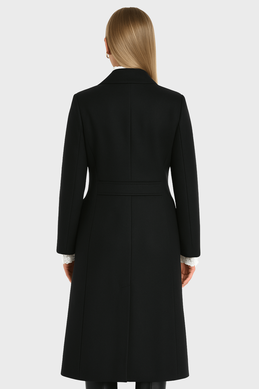 Elegant Black Double Breasted Wool Long Coat