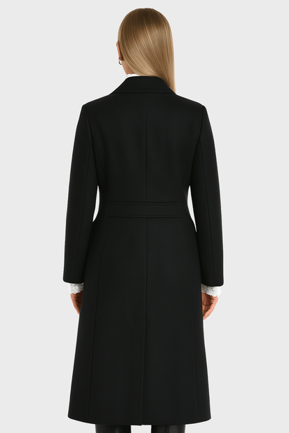 Elegant Black Double Breasted Wool Long Coat