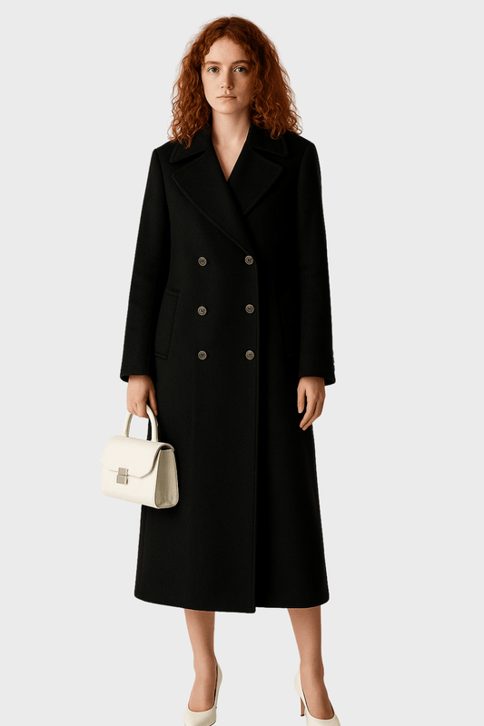 Classic Black Wool Double Breasted Long Coat