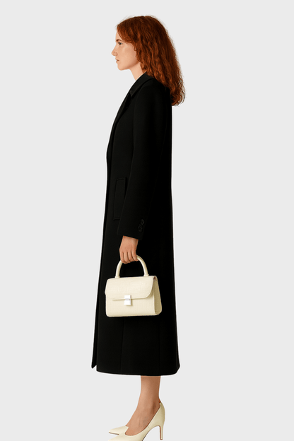 Cappotto lungo classico in lana nera da donna | Cappotto invernale doppiopetto