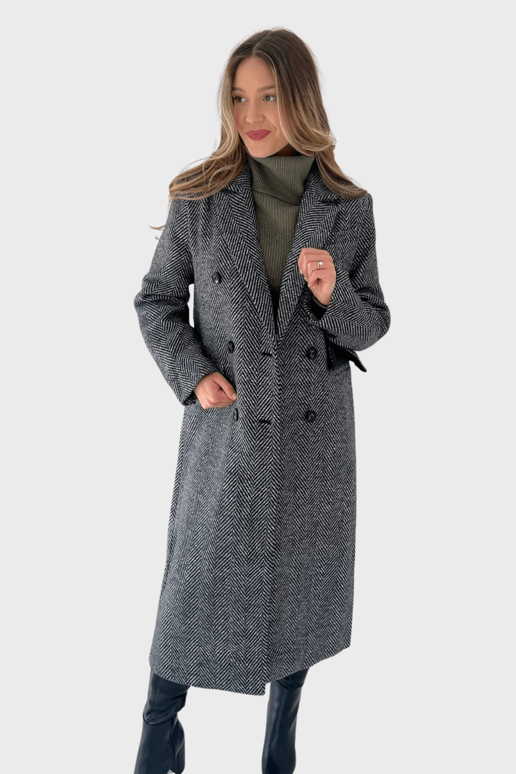 Black and White Double-Breasted Wool Coat