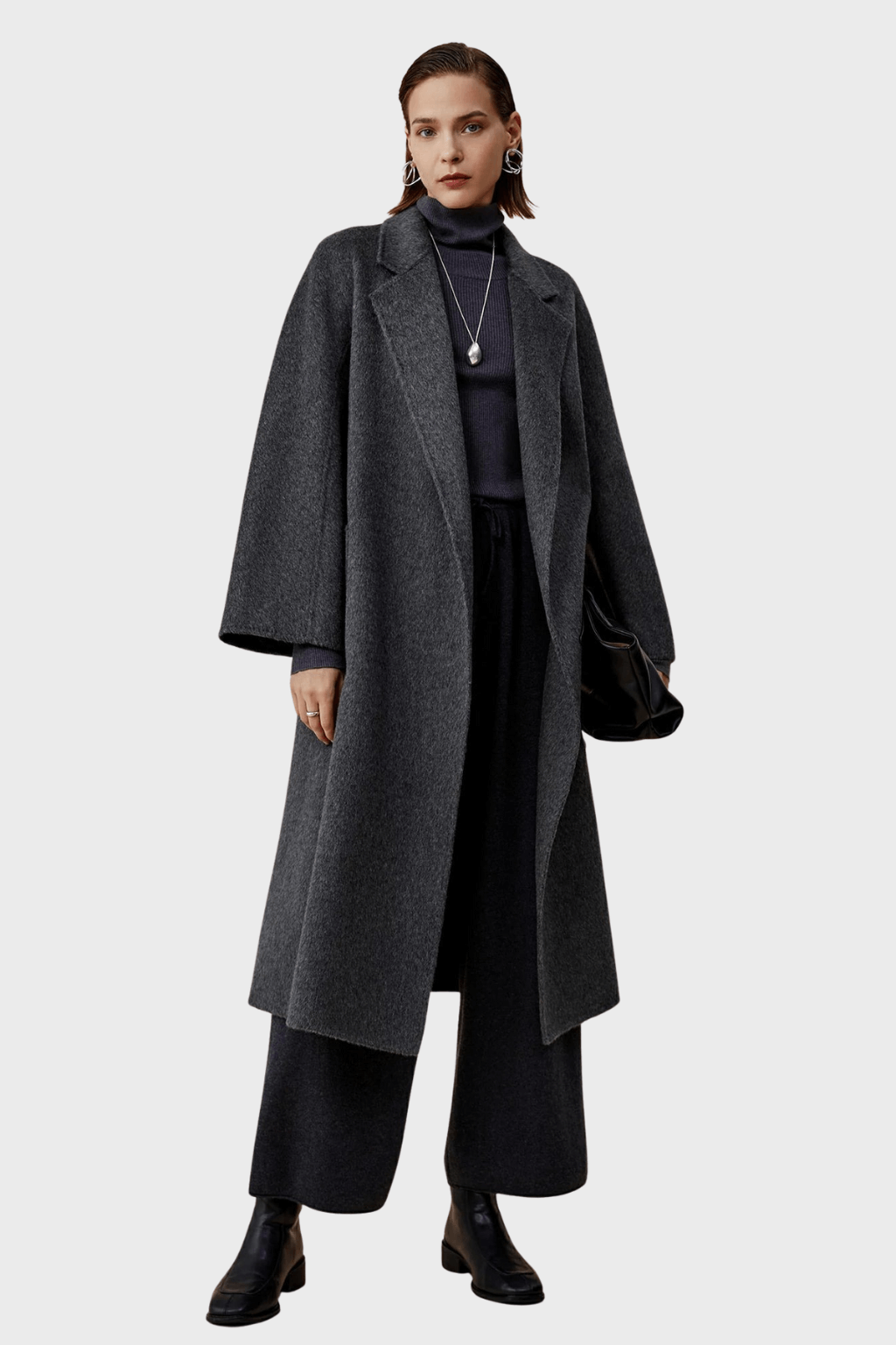 Belted Double-Breasted Grey Wool Coat