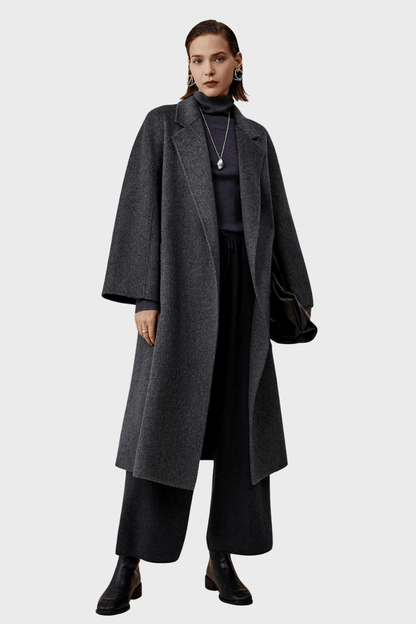 Belted Double-Breasted Grey Wool Coat