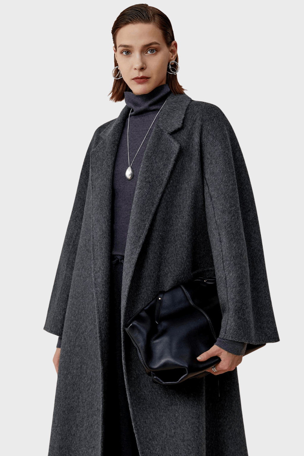 Belted Double-Breasted Grey Wool Coat