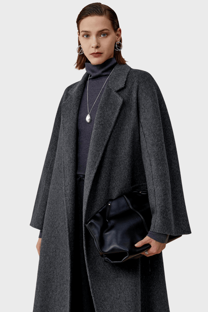 Belted Double-Breasted Grey Wool Coat