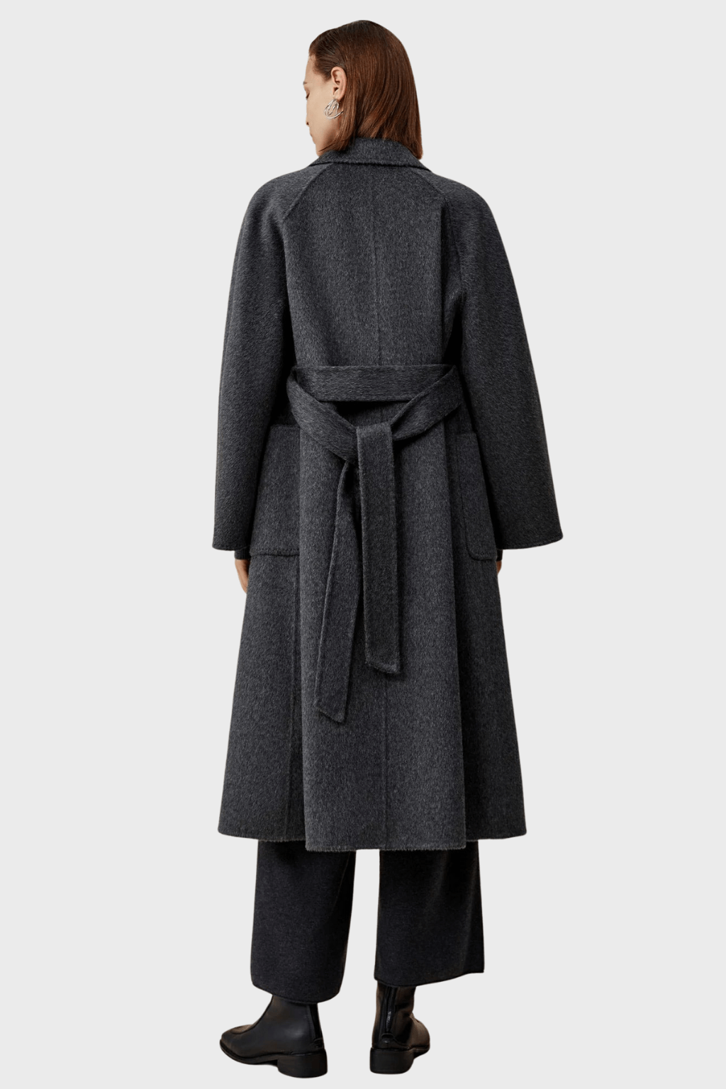 Belted Double-Breasted Grey Wool Coat
