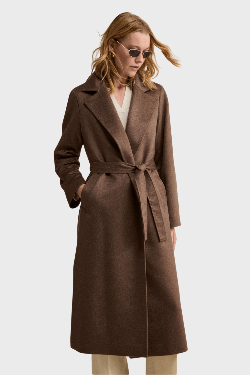 Long Wrap Belted Coat in Brown Pure Cashmere