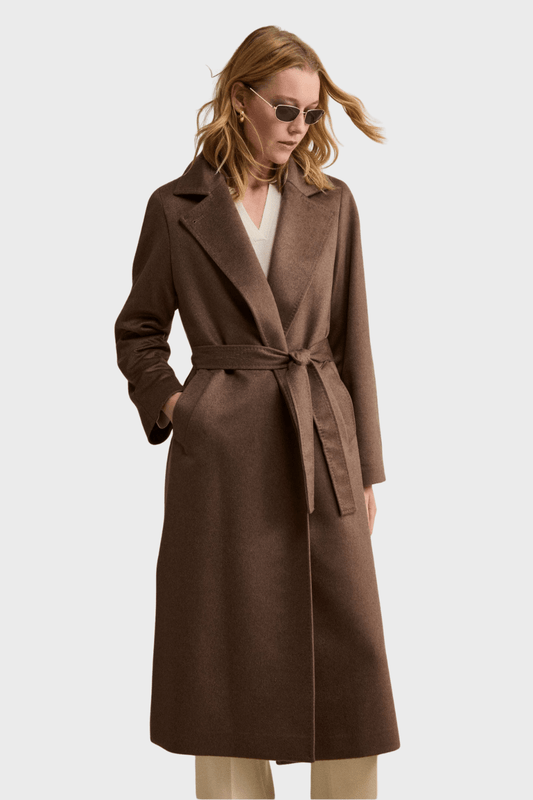 Long Wrap Belted Coat in Brown Pure Cashmere
