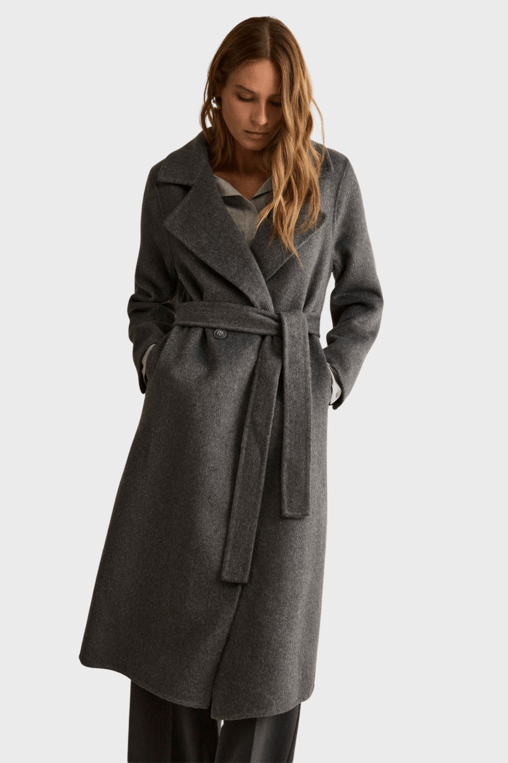 Long Double Breasted Belted Grey Coat in Wool Blend