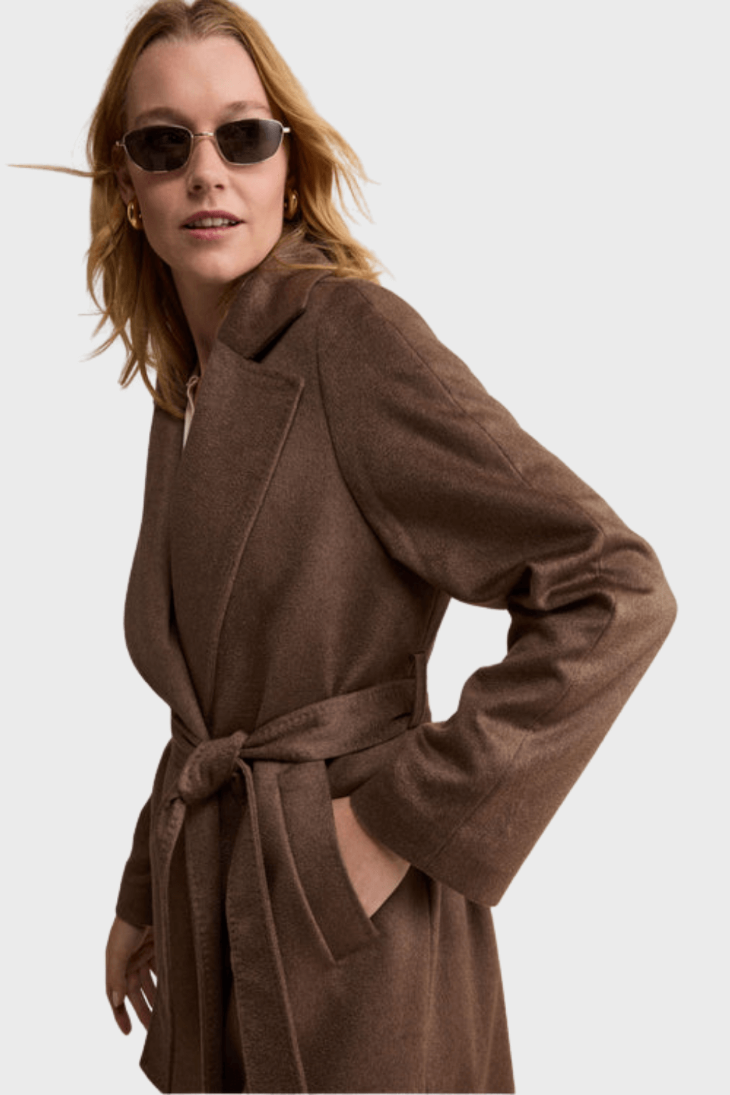 Long Wrap Belted Coat in Brown Pure Cashmere