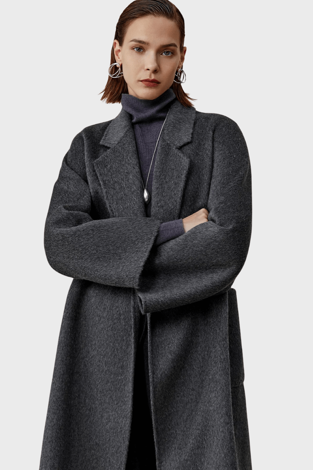 Belted Double-Breasted Grey Wool Coat