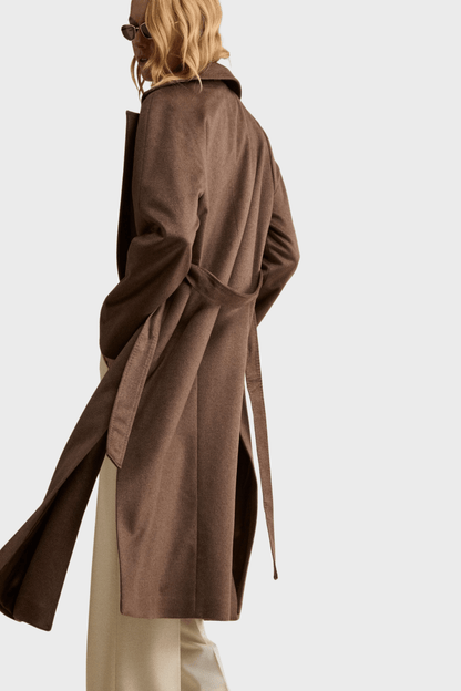 Long Wrap Belted Coat in Brown Pure Cashmere