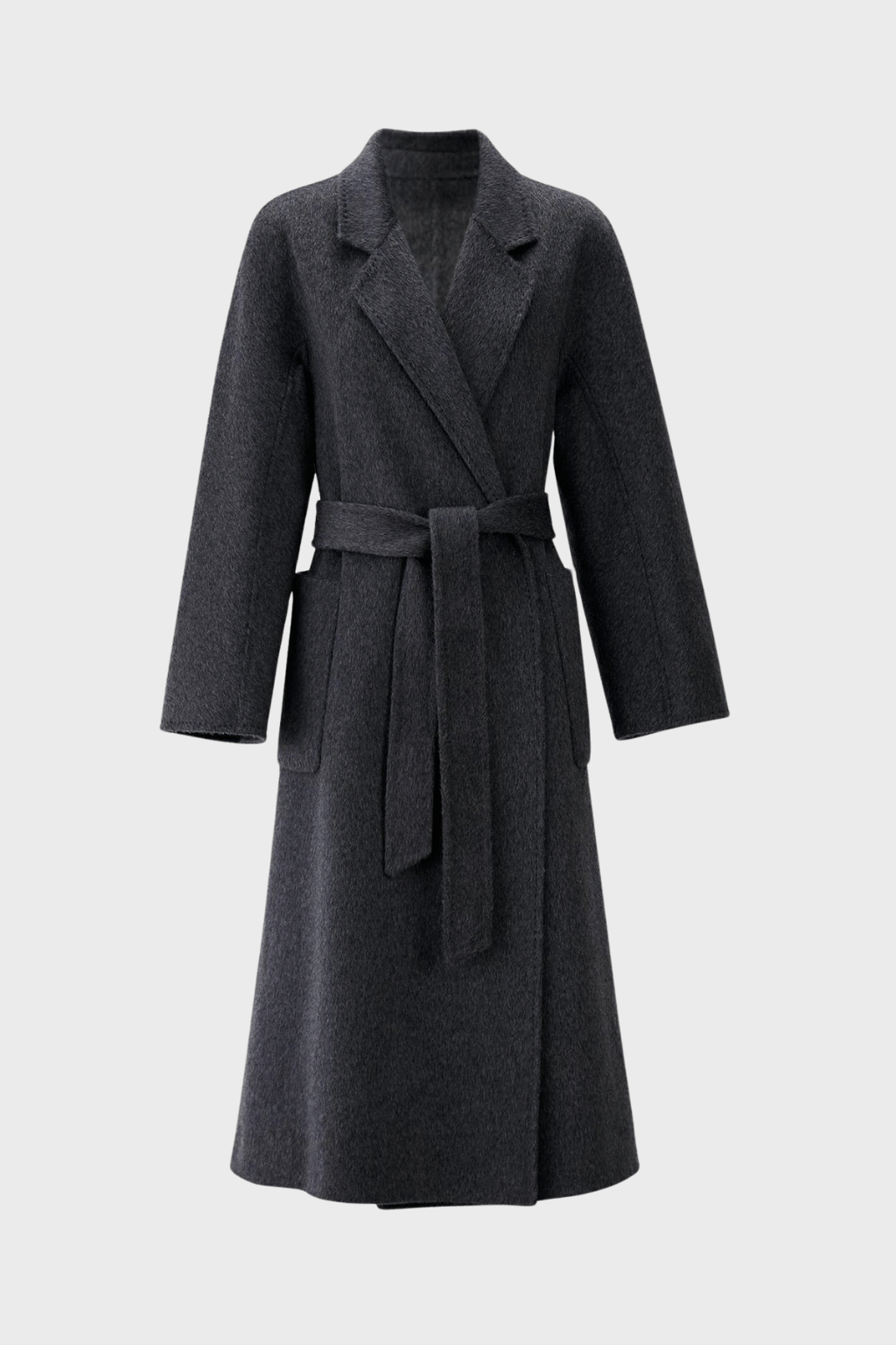 Belted Double-Breasted Grey Wool Coat