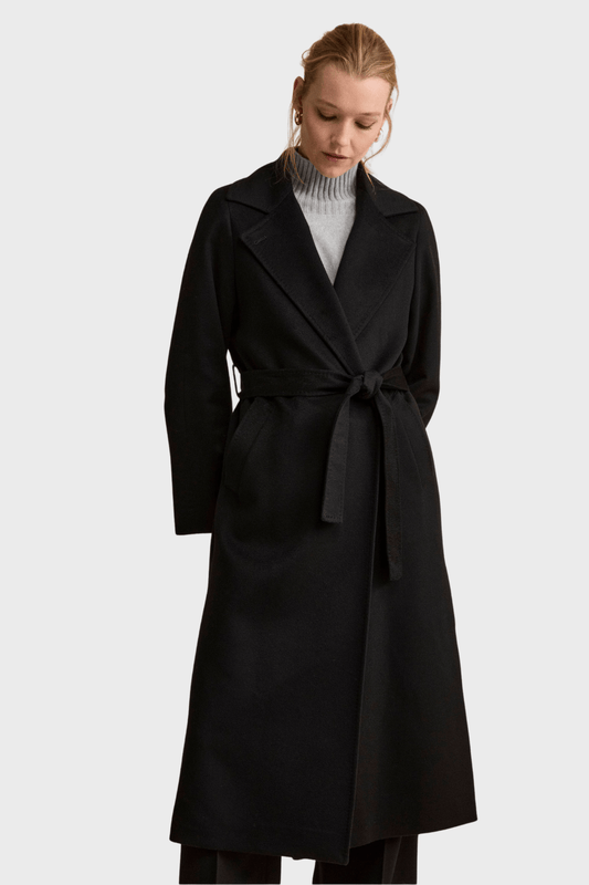 Long Wrap Belted Coat in Black Cashmere