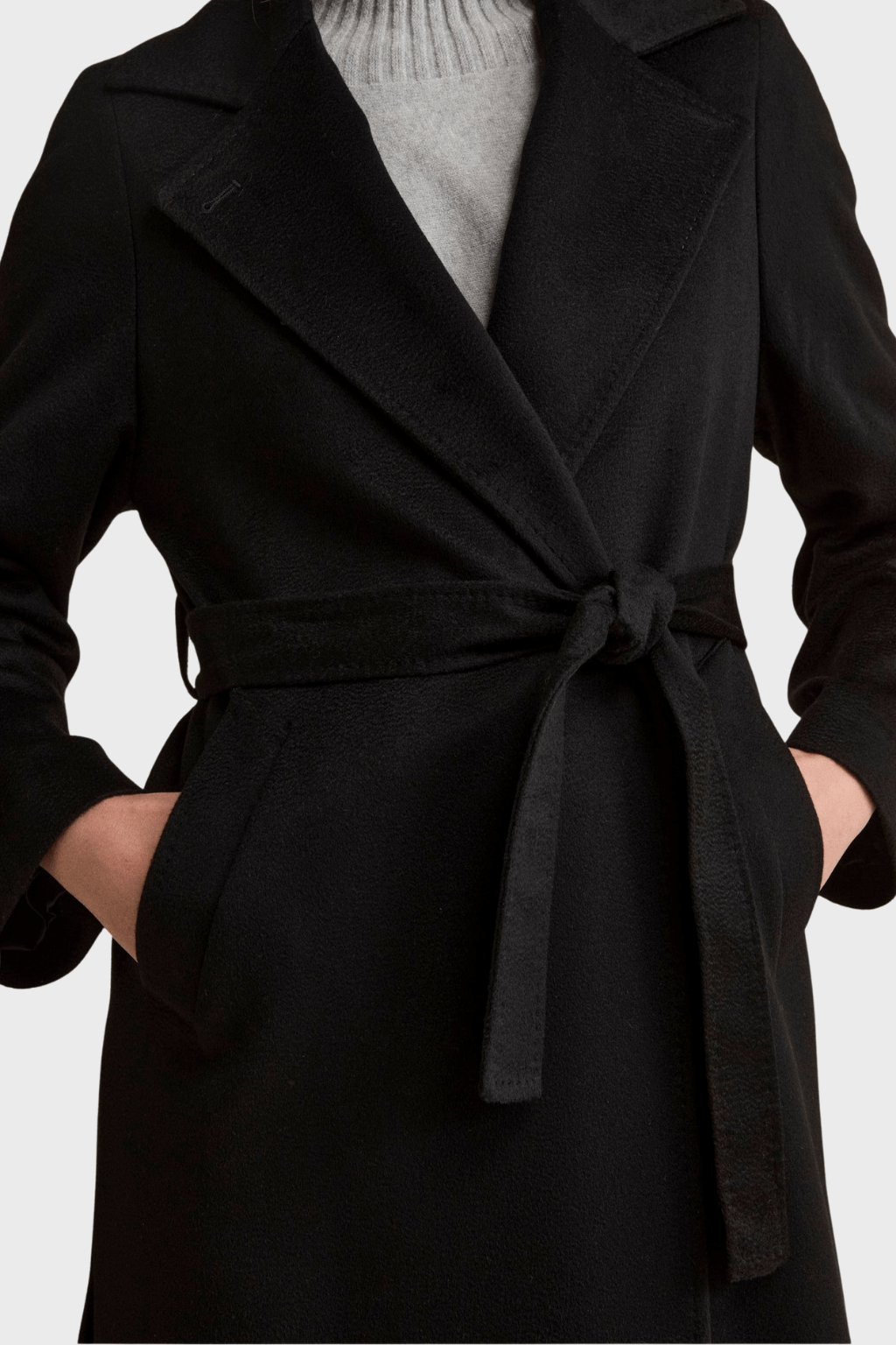Long Wrap Belted Coat in Black Cashmere
