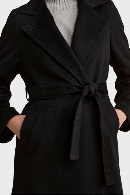 Long Wrap Belted Coat in Black Cashmere