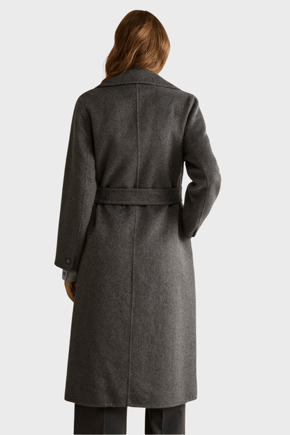 Long Double Breasted Belted Grey Coat in Wool Blend