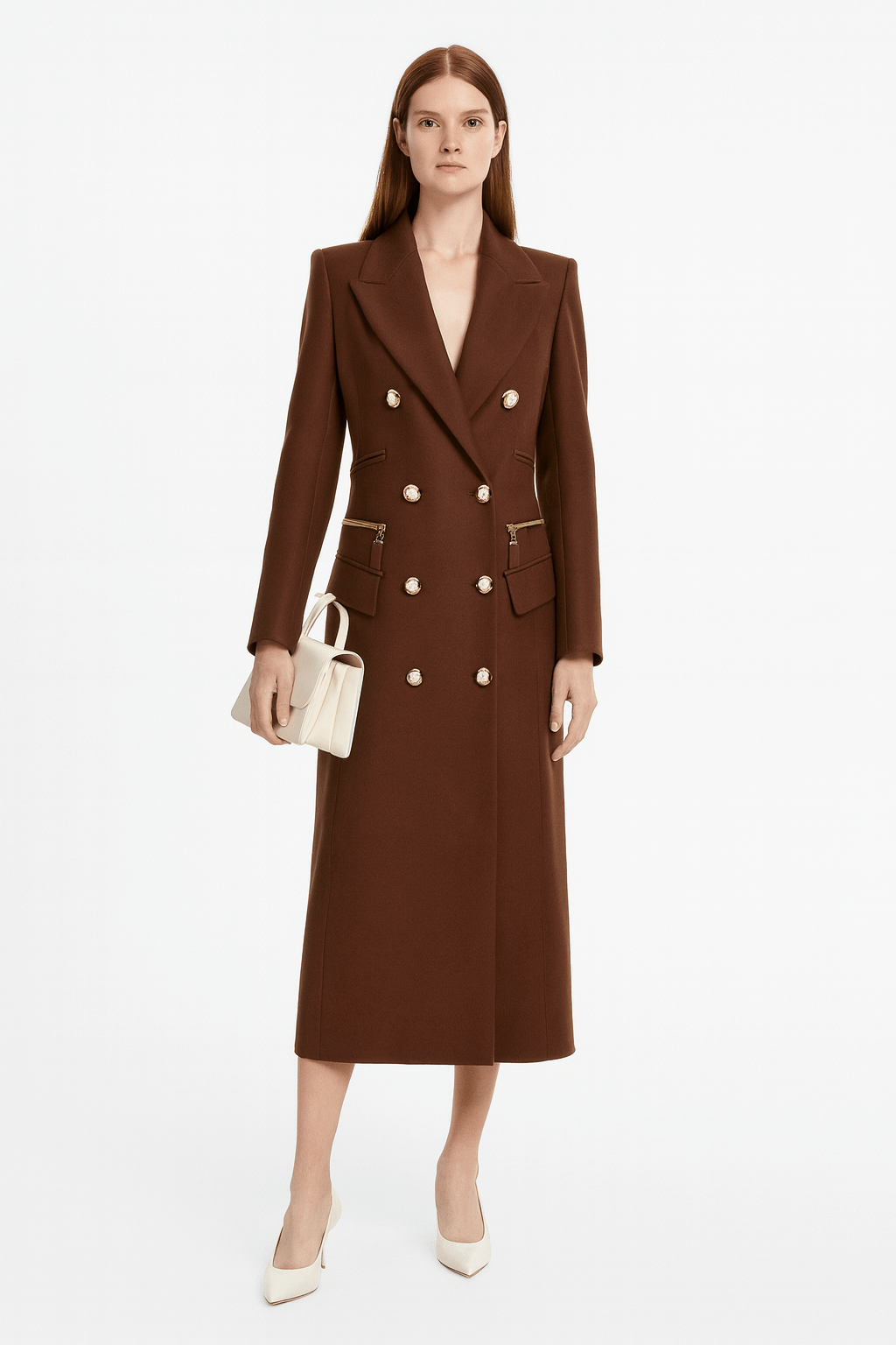 Classic Brown Long Double Breasted Wool Coat