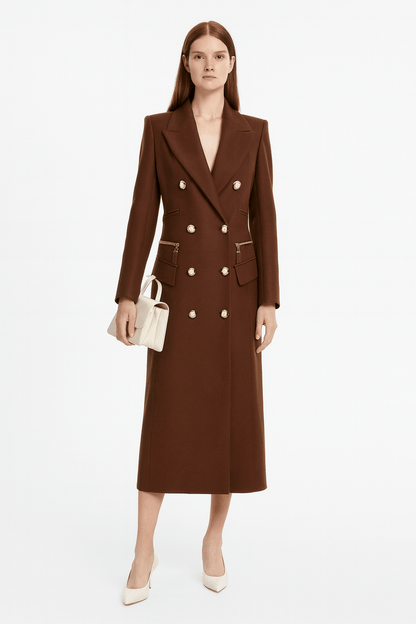Classic Brown Long Double Breasted Wool Coat