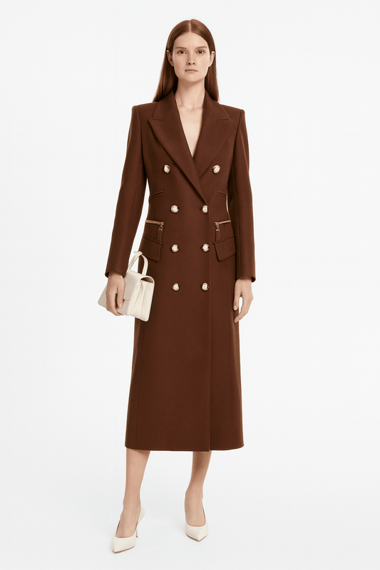 Classic Brown Long Double Breasted Wool Coat
