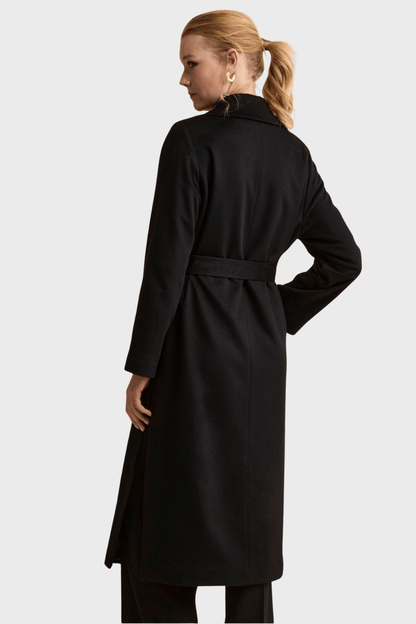 Long Wrap Belted Coat in Black Cashmere