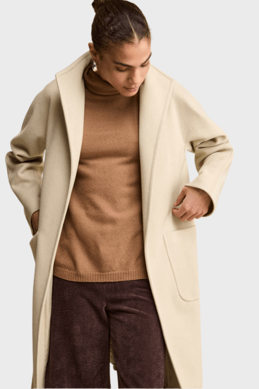 Long Lined Belted Beige Wool Coat