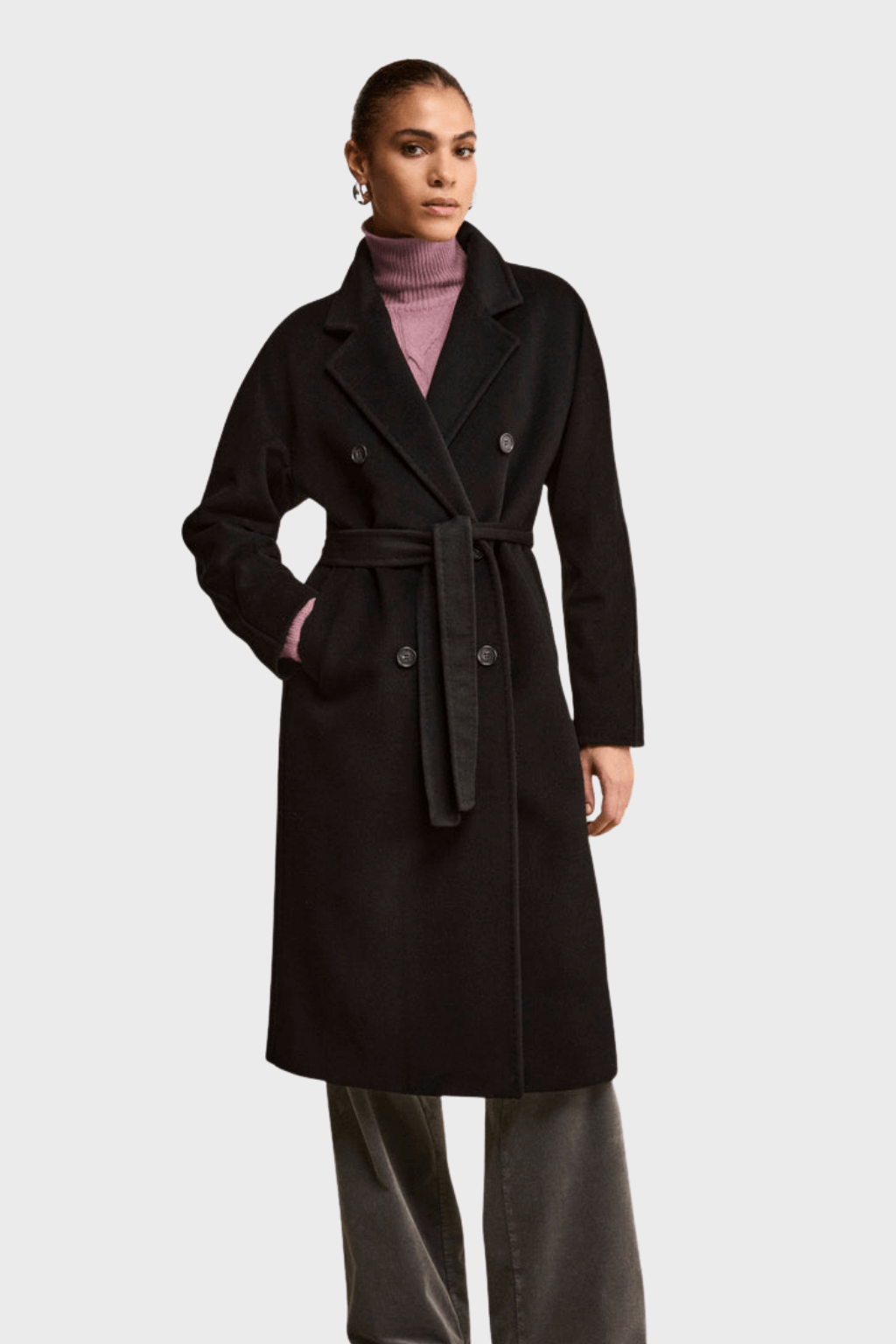 Double-Breasted Belted Black Cashmere Coat