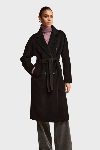 Double-Breasted Belted Black Cashmere Coat