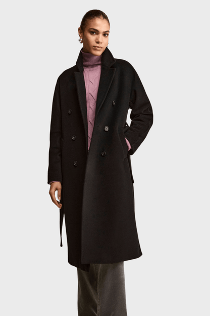 Double-Breasted Belted Black Cashmere Coat