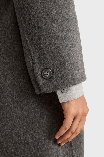 Long Double Breasted Belted Grey Coat in Wool Blend