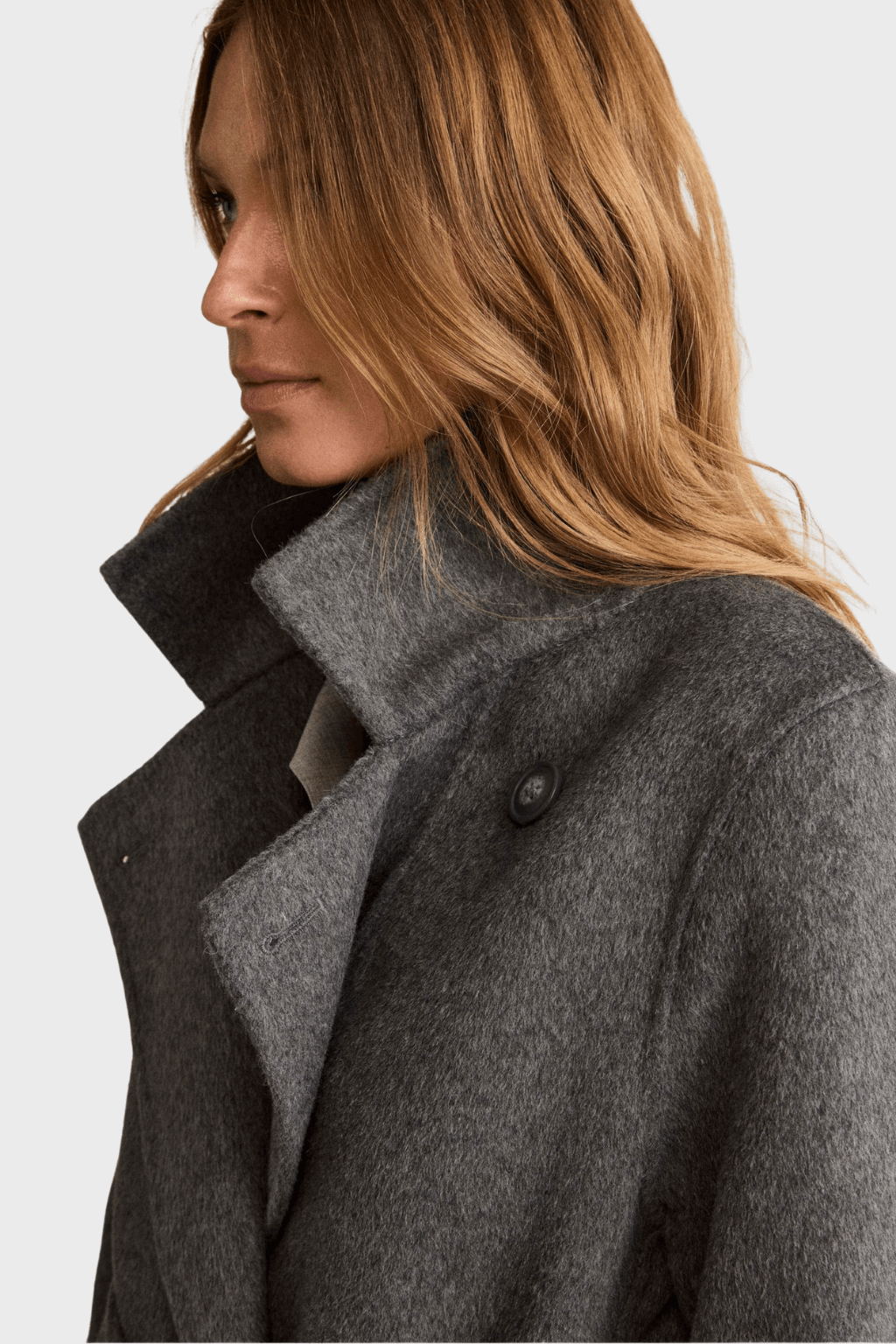 Long Double Breasted Belted Grey Coat in Wool Blend