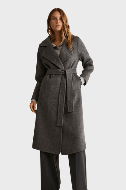 Long Double Breasted Belted Grey Coat in Wool Blend