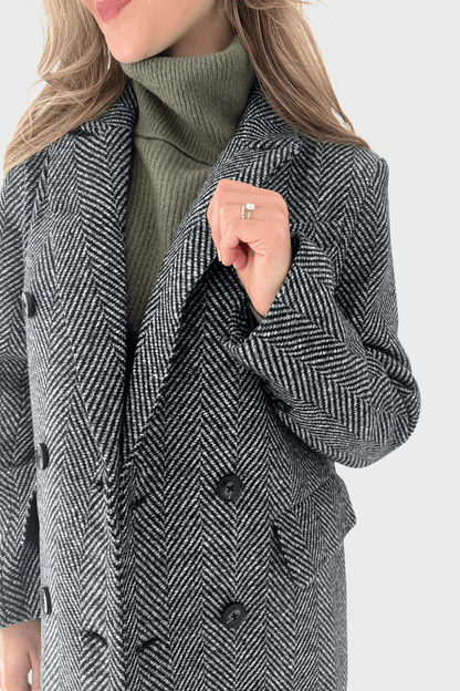 Black and White Double-Breasted Wool Coat