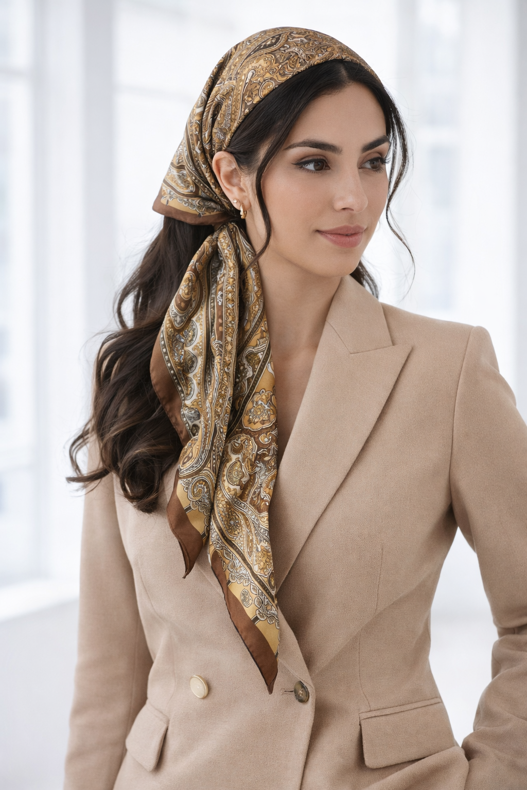 Golden Brown And Beige Paisley Print Silk Scarf