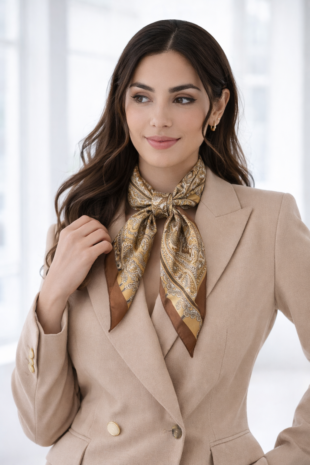 Golden Brown And Beige Paisley Print Silk Scarf